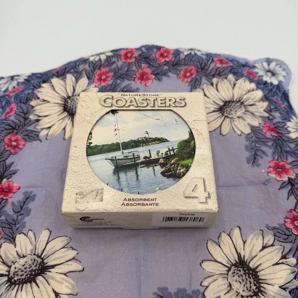 Nature Stone Coasters Absorbent Stoneware w/cork back- "Down by the Water" set/4